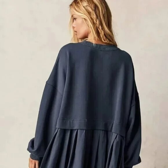 Long Sleeve Pleated Hem Sweater Dress Muted Navy Blue - Picture 2 of 4